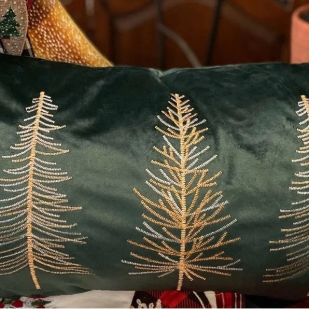 Green Holiday Rectangle Pillow with Gold Tree Embroidery